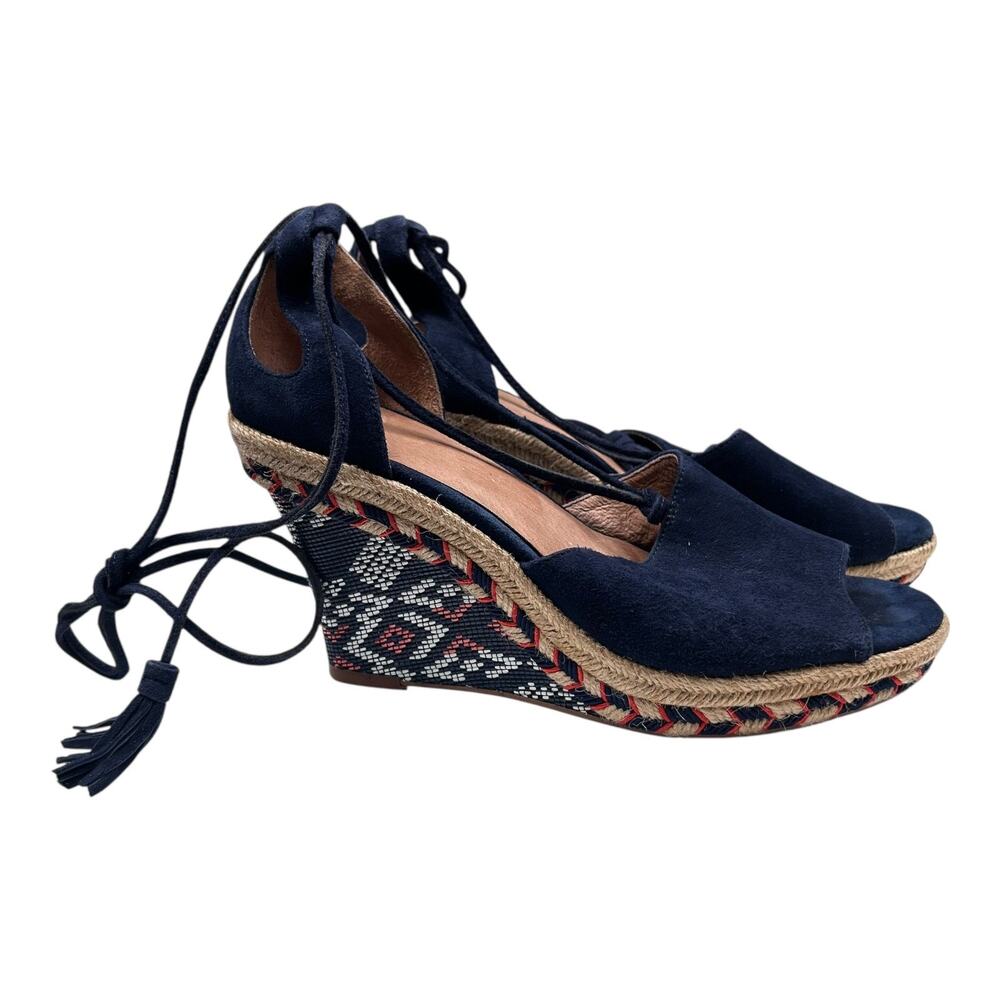 Cabi Isla Navy Suede Leather Wedge Espadrilles Women's Size 7.5